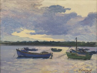 Rein Raamat. Varahommik. Paadid veel.1967. Õli, papp. 35 x 46,1 cm. Alghind: 1000 € Haamrihind: 3300 €