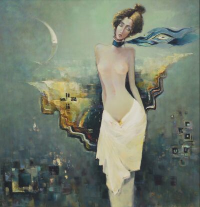 Jüri Ristna. Naine sinise salliga. 1980.–90. aastad. Õli, papp. 108,5 x 104 cm. Alghind: 18000 € Haamrihind: 27500 €