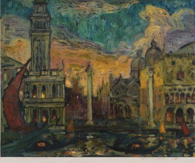 Aleksander Möldroo. Veneetsia. 1934. Monotüüpia, lakitud; paber, aluspapile kleebitud. Aluspapp 43,1 x 51,3 cm. ; Lm = km 39,2 x 48 cm. Alghind: 1500 € Haamrihind: 5400 €