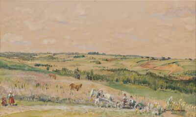 Karl Burman sr. Karksi maastik. Põllud. 1946. Akvarell, guašš, paber. Vm 36,7 x 61,8 cm. Alghind: 1700 €  MÜÜDUD