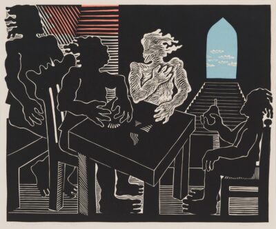 Jüri Arrak. Tuba keskpäeval. 1972. Värviline linoollõige, paber. Km 37,9 x 46,5 cm. Alghind: 2500 € Haamrihind: 2500 €