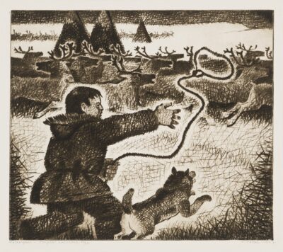 Kaljo Põllu. „Polaarpäev“ sarjast „Põhjala“. 1977. Kuivnõel, paber. Plm 40,8 x 47 cm. ; Lm 46,8 x 55,4 cm. Alghind: 1500 € Haamrihind: 1500 €