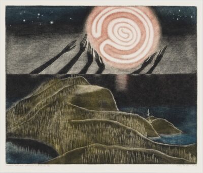 Kaljo Põllu. „Esimene hommik“ sarjast „Taevas ja maa“. 1988. Värviline metsotinto, paber. Lm 57,6 x 69 cm. ; Plm 49,7 x 60 cm. Alghind: 2500 € Haamrihind: 2500 €