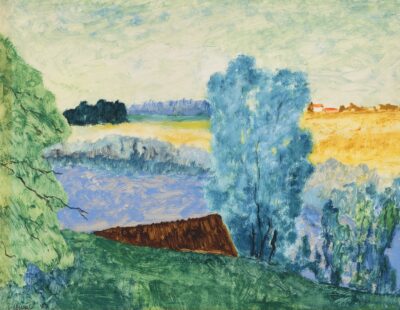 Jaan Grünberg. Maastik. 1943. Õli, õhuke kartong. Lm 50 x 65,1 cm. ; Vm 49,1 x 63,8 cm.