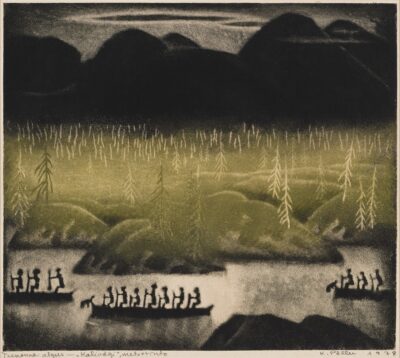 Kaljo Põllu. „Teekonna algus“ sarjast „Kalivägi“. 1978. Värviline metsotinto, paber. Plm 40 x 45,5 cm. ; Lm 46 x 54,8 cm. Alghind: 2500 € Haamrihind: 6800 €