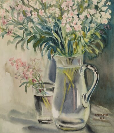 Lydia Mei. Lilled klaaskannus. 1960. Akvarell, paber. Vm 38 x 32 cm. Alghind: 1400 € Haamrihind: 1400 €