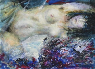 Evald Okas. Pärast maskiballi. 2007. Akrüül, lõuend papil (USA Fredrixi firma standardpapp). 32,8 x 23,8 cm. Alghind: 2500 € Haamrihind: 4200 €