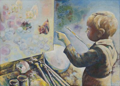 Heli Kase. Emme värvipoti juures. 1983. Õli, masoniit. 88, 5 x 122 cm. Alghind: 4600 € Haamrihind: 8250 €