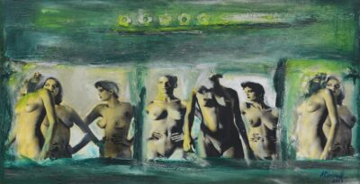 Mari Roosvalt. Meenutusi Helmut Newtonist. 2006. Õli, kollaaž, lõuend. 56,7 x 109,5 cm. Alghind: 2000 € Haamrihind: 3900 €