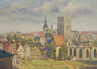 Ernst Hallop. Harju tänava haljasala Niguliste kirikuga. 1951. Õli, papp. 33 x 46 cm. Alghind: 1300 € Haamrihind: 1900 €