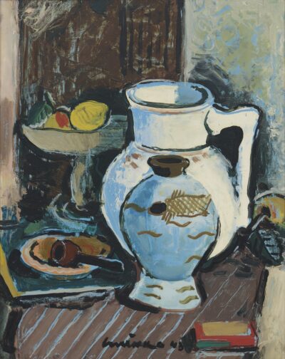 Lepo Mikko. Natüürmort vaasi ja piibuga. 1943. Õli, vineer. 48,2 x 38,4 cm. Alghind: 11000 € Haamrihind: 15000 €