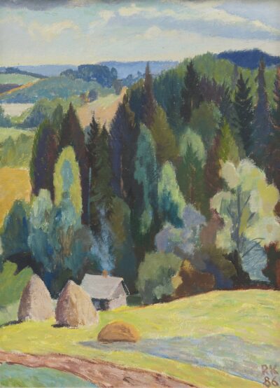 Raivo Korstnik. Lõuna-Eesti vaade. 1986. Õli, papp. 69 x 50 cm.