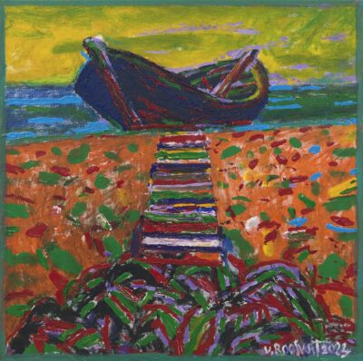 Uno Roosvalt. Kihnu paat. 2023. Õli, akrüül, lõuend. 80 x 80 cm. Alghind: 2300 € Haamrihind: 2400 €