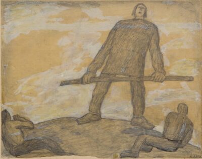 Kristjan Raud. Kalevipoja laul. 1924–33. Pliiats, guašš, tušš, paber, kleebitud aluspaberile. Lm 17,3 x 21,8 cm (aluse mõõt 31 x 38,2 cm). Alghind: 3500 € Müüdud 3500 €