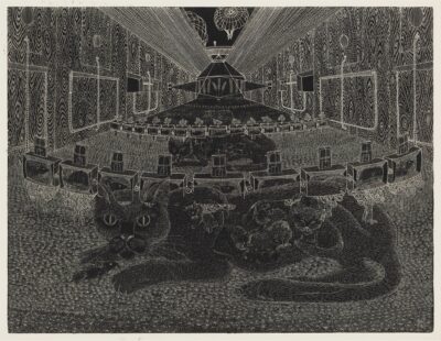 Vello Vinn. Kass. 1968. Ofort-kõrgtrükk, paber. Lm 54,9 x 72 cm. ; Plm 49,6 x 64,5 cm. Alghind: 1800 €  MÜÜDUD 1800 €