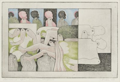 Jüri Arrak. Mannekeenid. 1969. Ofort, värvipliiats, paber. Plm 22,7 x 34,9 cm.