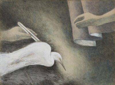 Ilmar Malin. Valge lind. 1980. Värvipliiatsid, guašš, süsi, paber. Vm 28,8 x 38,8 cm. Alghind: 800 € Haamrihind: 800 €