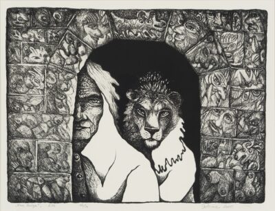 Jüri Arrak. Koos lõviga. 2015. Litograafia, paber. Km 33,8 x 44,5 cm. Alghind: 1800 € Haamrihind: 1800 €