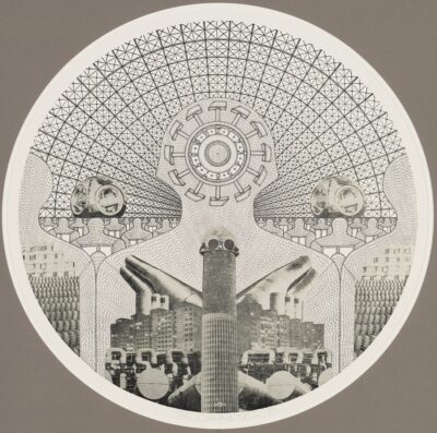 Vello Vinn. Tööle II.1980. Söövitus, paber. Lm 54,5 x 52,1 cm. Plaadi diam. 48,9 cm. Alghind: 1600 € Haamrihind: 2400 €