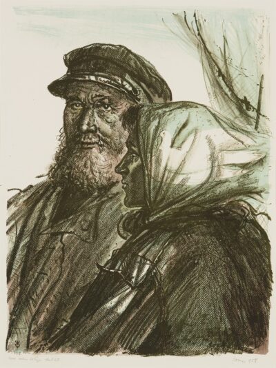 Evald Okas. Vana kalur tütrega.1958. Kahevärviline litografia, paber. Km 63,5 x 48 cm. Alghind: 3400 € Haamrihind: 3800 €