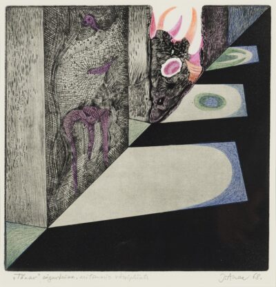 Jüri Arrak. Tänav. 1968. Sügavtrükk, värvipliiats, paber. Plm 24,5 x 24,5 cm. Alghind: 900 € Haamrihind: 900 €