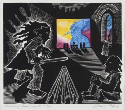 Jüri Arrak. Kurnimäng. 1974/2005. Linoollõige, akvarell, paber. Km 20, 8 x 24,6 cm. Alghind: 900 € Haamrihind: 4200 €