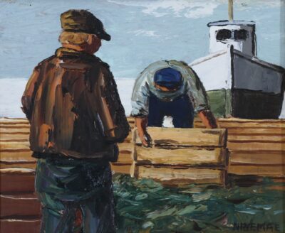 Boris Ninemäe. Lådor med dagens fängst / Kastid tänase saagiga. Õli. Lõuend. 22,5 x 27 cm.