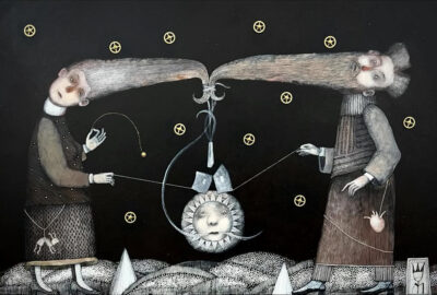 Jüri Mildeberg. Maailmasüsteem (Systema Mundi) 2025.a., segatehnika, metall, vineer  38,4 x 53,5 cm Raamitud.