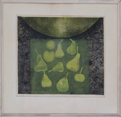 Herald Eelma. Pirnid. Graafika. Värviline linool. Paber. Km 38.5 x 42.9 cm.