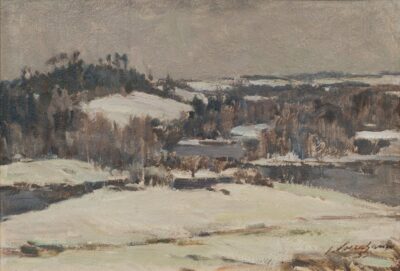 Johannes Võerahansu. Vana-Saaluse maastik. 1955. Õli, vineer. 50,8 × 73 cm. Alghind: 10000 €