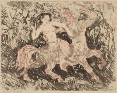 Endel Kõks. Kentaur ja näkk. 1952. Graafika. Värviline vitrograafia (klaasitrükk), paber. Plm 35,8 x 46 cm. Alghind: 1300 €