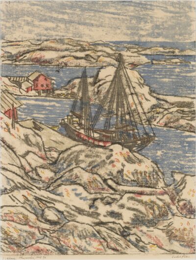 Endel Kõks. Skäärid. 1952. Graafika. Värviline vitrograafia, paber. Vm 46,3 x 34,8 cm. Alghind: 1500 €