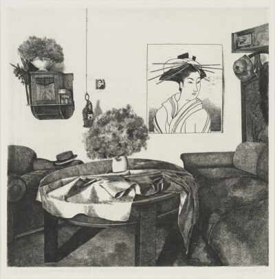 Vladimir Taiger. Interjöör Jaapanlannaga. 1982. Pehmelakk, paber. Plm 31,7 x 32 cm. Alghind: 1500 €