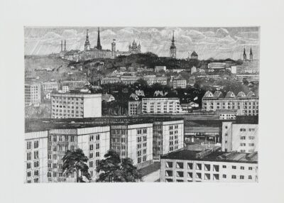 Allex Kütt. Mustamäe. Graafika. Paber. Plm 22.5 x 34 cm. ; Lm 35 x 44.6 cm.