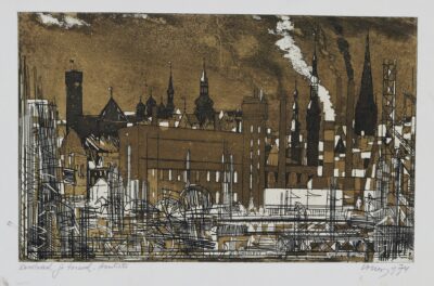 Evald Okas. Korstnad ja tornid. 1974. Akvatinta, paber. Plm 19.4 x 31 cm. ; Lm 24 x 36 cm.