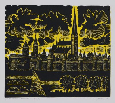 Jüri Arrak. Pilt vanast Tallinnast. 1976. Linool, paber. Km 30.2 x 35 cm. ; Lm 40 x 47 cm.