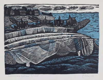 Peeter Ulas. Saaremaa sadam. 1963. Graafika, linool, paber. Km 22 x 30 cm. ; Lm 29.8 x 42 cm.