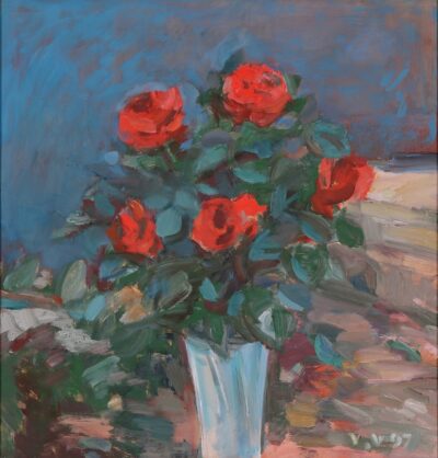Voldemar Väli. Roosid. 1997. Õli. Vineer. 47.7 x 49.2 cm.