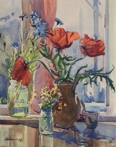 Aleksander Pilar. Moonid aknal. 1957. Akvarell, paber. Vm 55 x 43 cm. Alghind: 1300 €