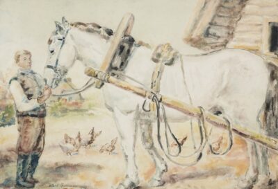 Karl Burman sr. Poiss valge hobusega.1948. Akvarell, paber. Vm 43,5 x 63,5 cm. ; Lm 44.8 x 64.5 cm. Alghind: 1800 €