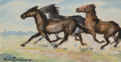 Karl Burman sr. Kolm kappavat hobust. Akvarell, paber. 1958. Vm 11,4 x 21,6 cm. ; Lm 12 x 22 cm. Alghind: 850 €