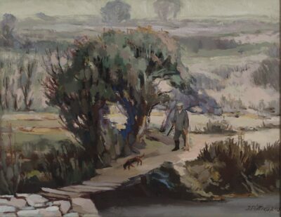 Juhan Püttsepp. Maastik jahimehega. 1946. Õli, masoniit. 60,8 x 79 cm. Alghind: 9000 €