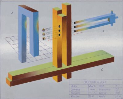 Kaljo Põllu. Objektid A, B ja C. 1996. Õli, papp. 73 x 91 cm. Alghind: 2500 €