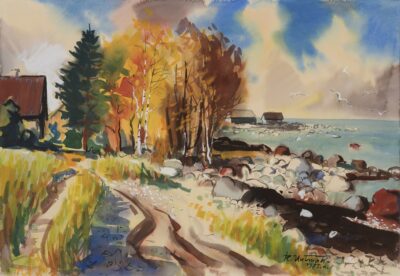Richard Uutmaa. Rannamaastik.1975. Akvarell, paber. Lm 51 x 72,5 cm. ; Vm 49 x 71 cm. Alghind: 4400 €