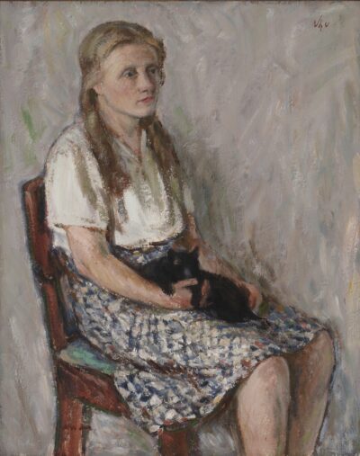 Johannes Võerahansu. Tütarlaps kassiga. 1950. aastate keskpaik. Õli, vineer. 70,7 x 56,5 cm. Alghind: 8000 €