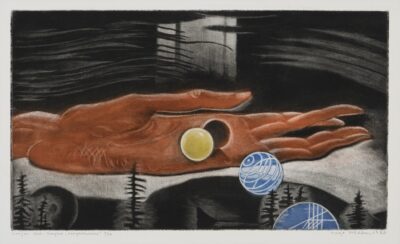 Kaljo Põllu. „Looja käsi” Sarjast „Kirgastumine”. 1993. Metsotinto, paber. Lm 40,4 x 59,5 cm. Plm 29 x 49,6 cm. Alghind: 1500 €