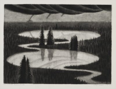 Kaljo Põllu. Eesti maastik. 1994. Metsotinto, paber. Lm 43,7 x 54,4 cm. ; Plm 33,3 x 34,7 cm. Alghind: 2500 €