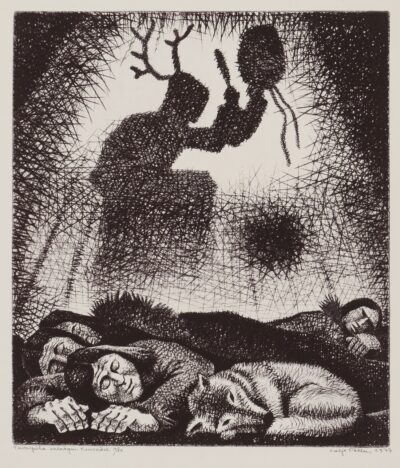 Kaljo Põllu. „Tuisupüha unenägu“.1977. Kuivnõel, paber. Lm 57,3 x 46,5 cm. ; Plm 46,6 x 40,5 cm. Alghind: 1500 €