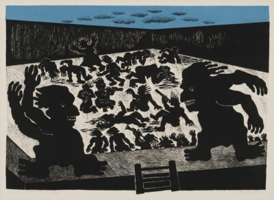 Jüri Arrak. Hoov. 1972. Lito ja linoollõige, paber. Lm 47 x 68 ; Km 37,7 x 53,8 cm. Alghind: 1800 €