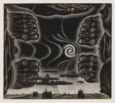 Kaljo Põllu. „Ürgalge“ sarjast “Taevas ja maa”. 1990. Värviline metsotinto, paber. Lm 57,6 x 68,5 cm. ; Plm 48,5 x 55 cm. Alghind: 2500 €